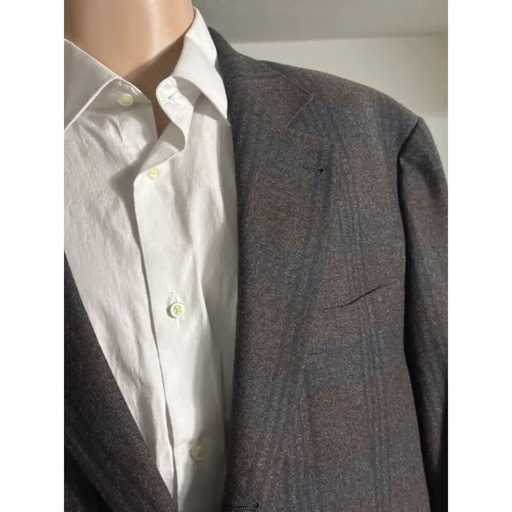 Brunello Cucinelli Burgundy Blue Flannel Plaid Blazer Jacket 54 44R Wool Cashmer